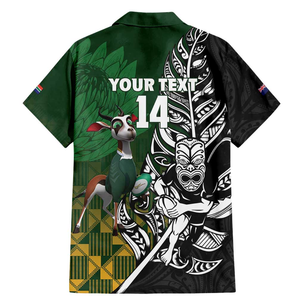 New Zealand and South Africa Rugby Custom Family Matching Short Sleeve Bodycon Dress and Hawaiian Shirt Maori Tiki Fern Springboks Kente Pattern - Polynesian Pride