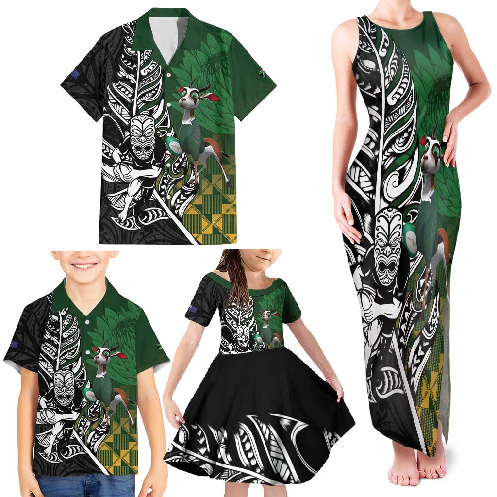 New Zealand and South Africa Rugby Custom Family Matching Tank Maxi Dress and Hawaiian Shirt Maori Tiki Fern Springboks Kente Pattern - Polynesian Pride