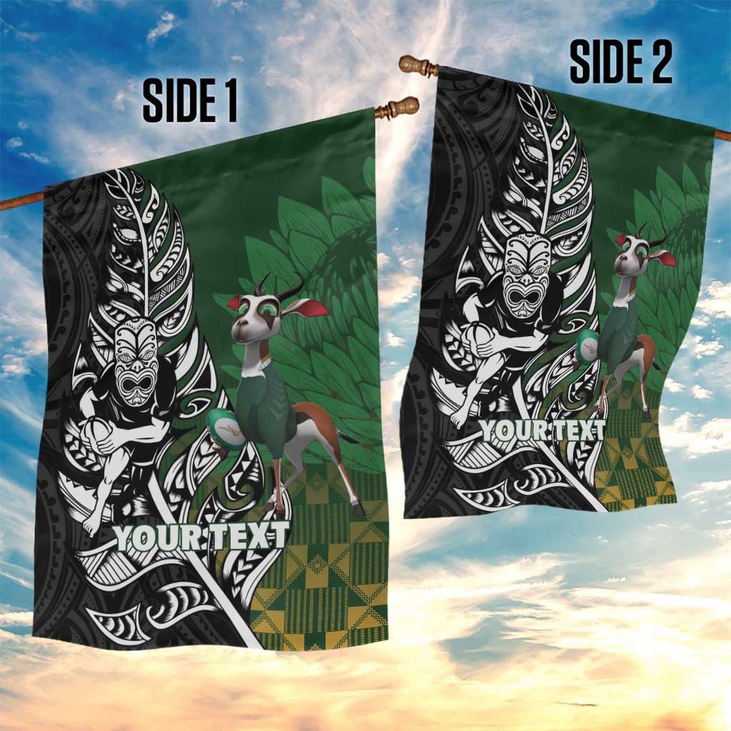 New Zealand and South Africa Rugby Custom Garden Flag Maori Tiki Fern Springboks Kente Pattern - Polynesian Pride