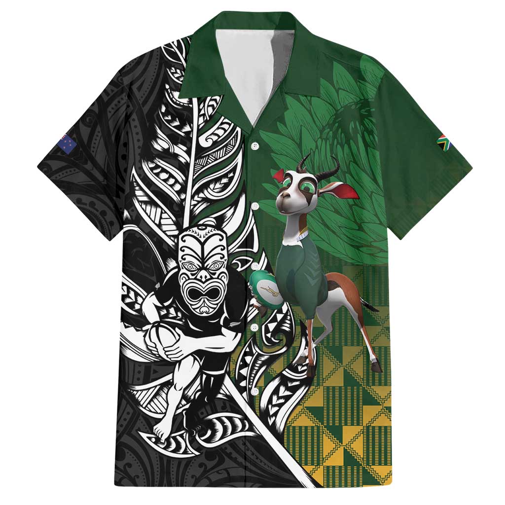 New Zealand and South Africa Rugby Custom Hawaiian Shirt Maori Tiki Fern Springboks Kente Pattern - Polynesian Pride