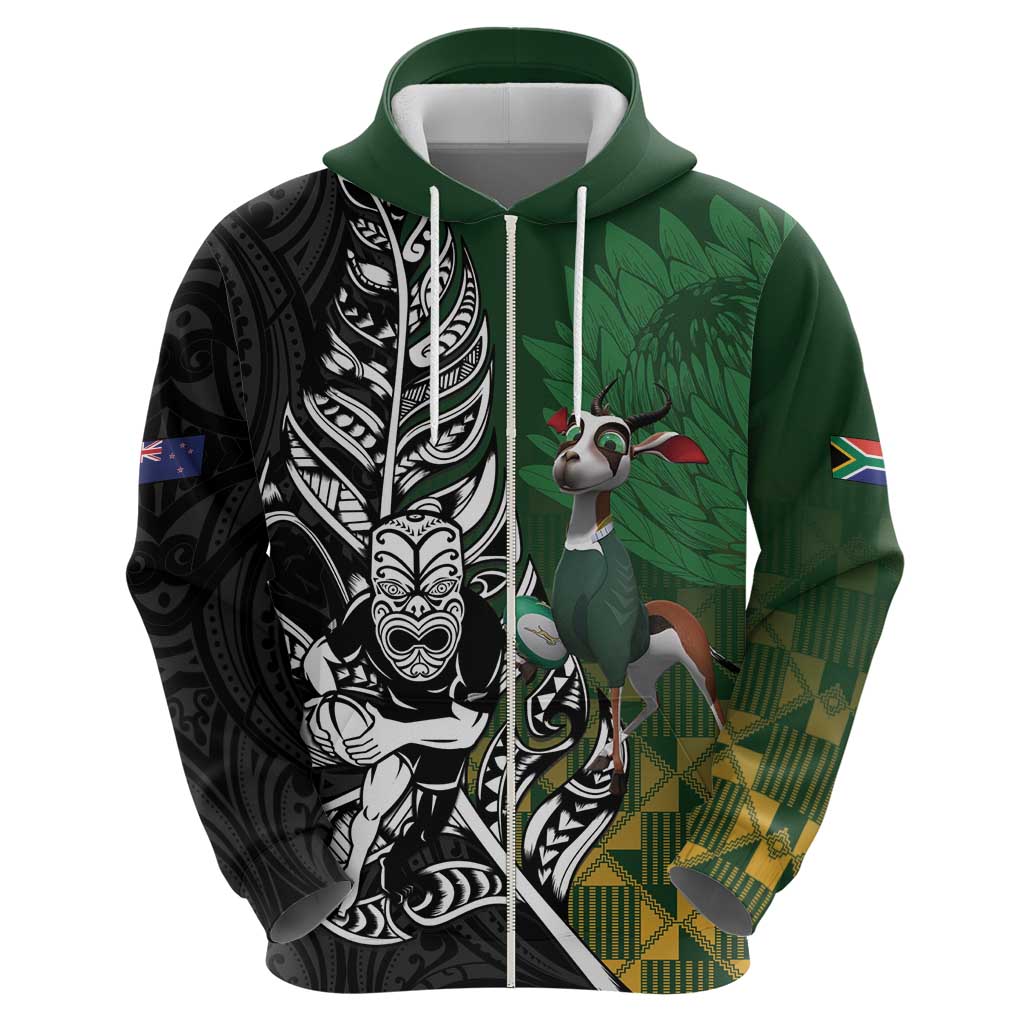 New Zealand and South Africa Rugby Custom Hoodie Maori Tiki Fern Springboks Kente Pattern - Polynesian Pride