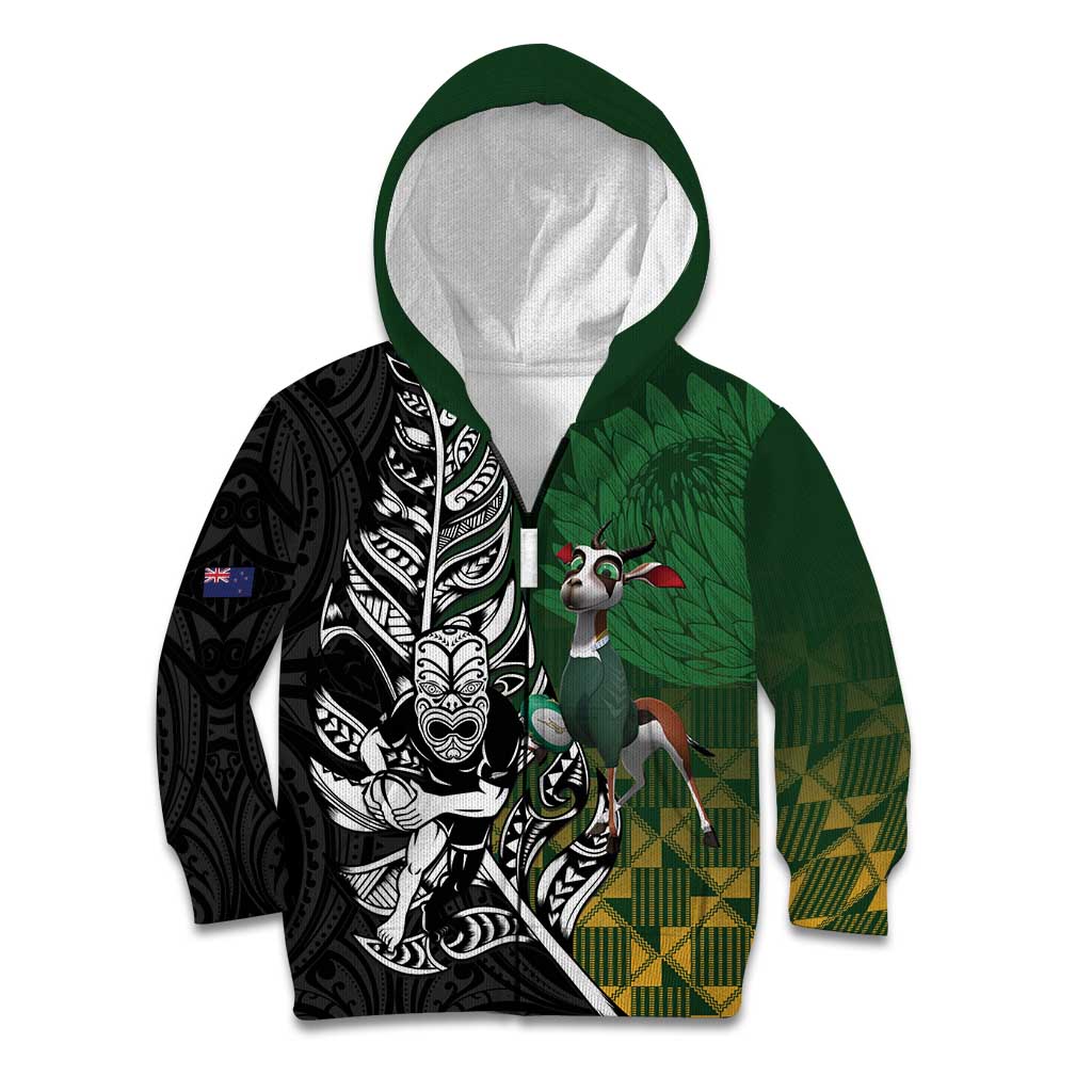New Zealand and South Africa Rugby Custom Kid Hoodie Maori Tiki Fern Springboks Kente Pattern - Polynesian Pride