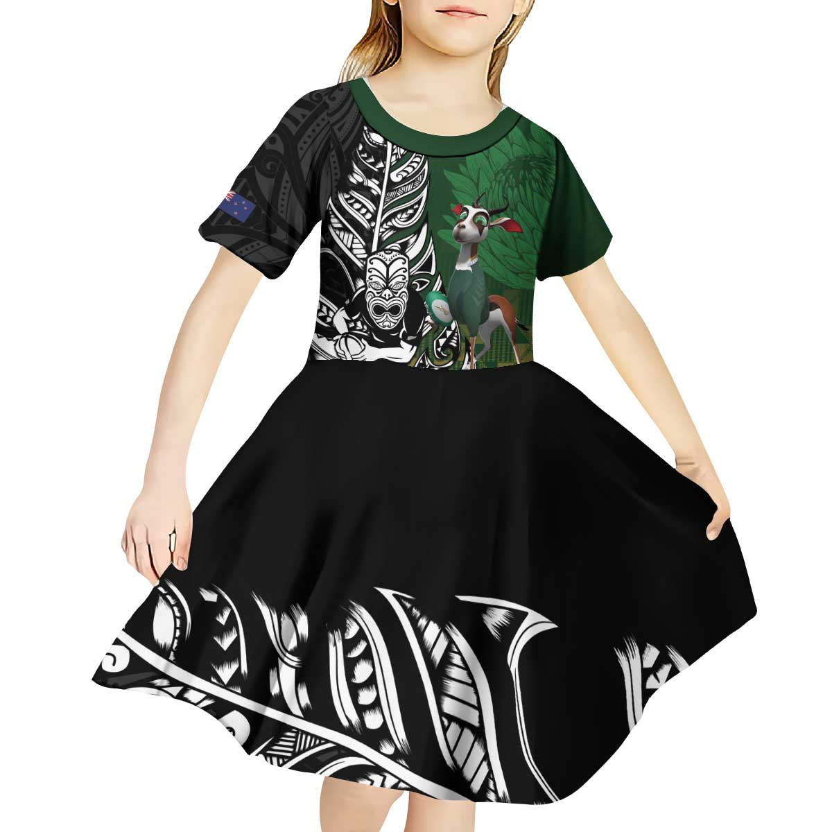 New Zealand and South Africa Rugby Custom Kid Short Sleeve Dress Maori Tiki Fern Springboks Kente Pattern - Polynesian Pride