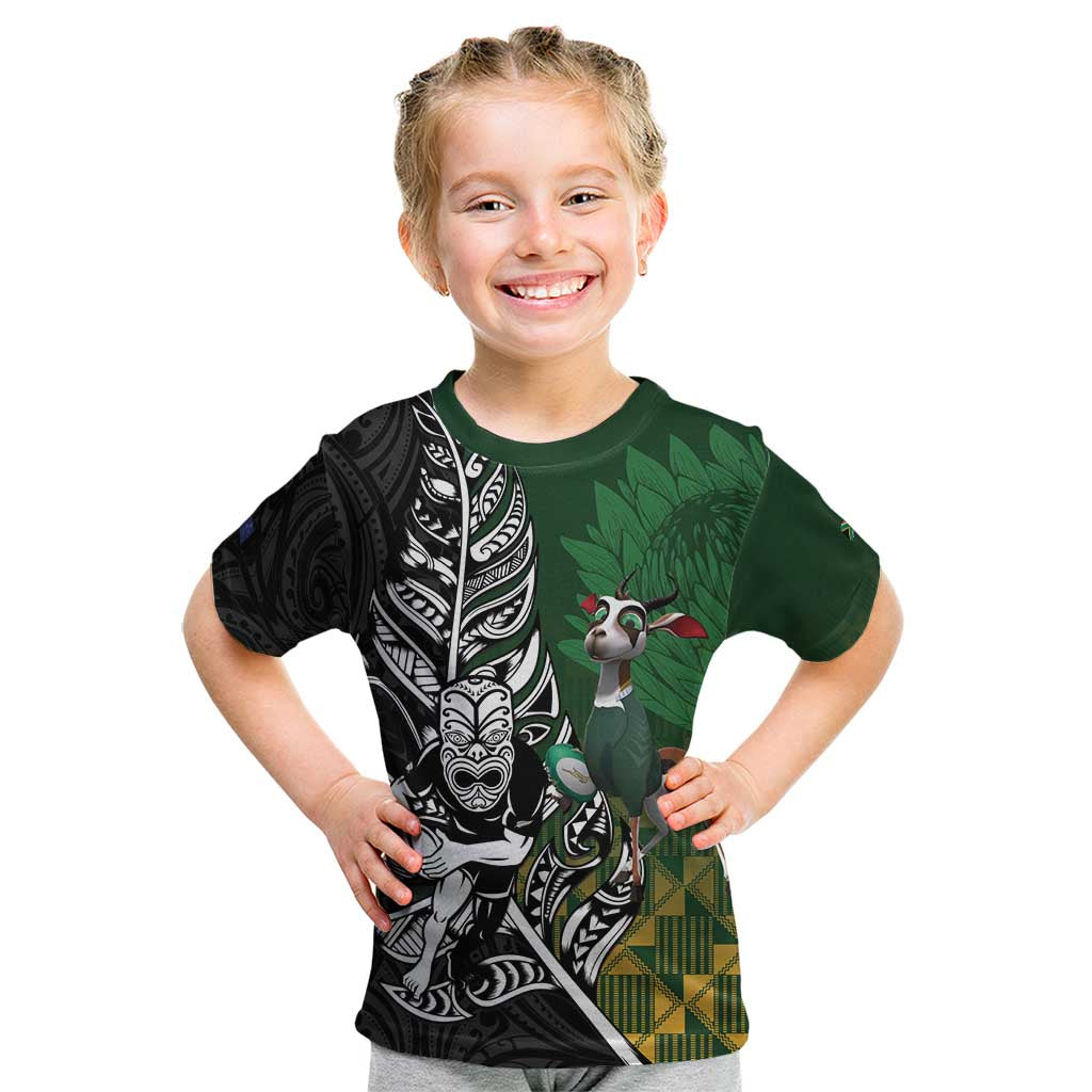 New Zealand and South Africa Rugby Custom Kid T Shirt Maori Tiki Fern Springboks Kente Pattern - Polynesian Pride