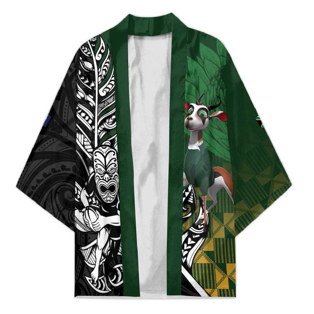 New Zealand and South Africa Rugby Custom Kimono Maori Tiki Fern Springboks Kente Pattern - Polynesian Pride