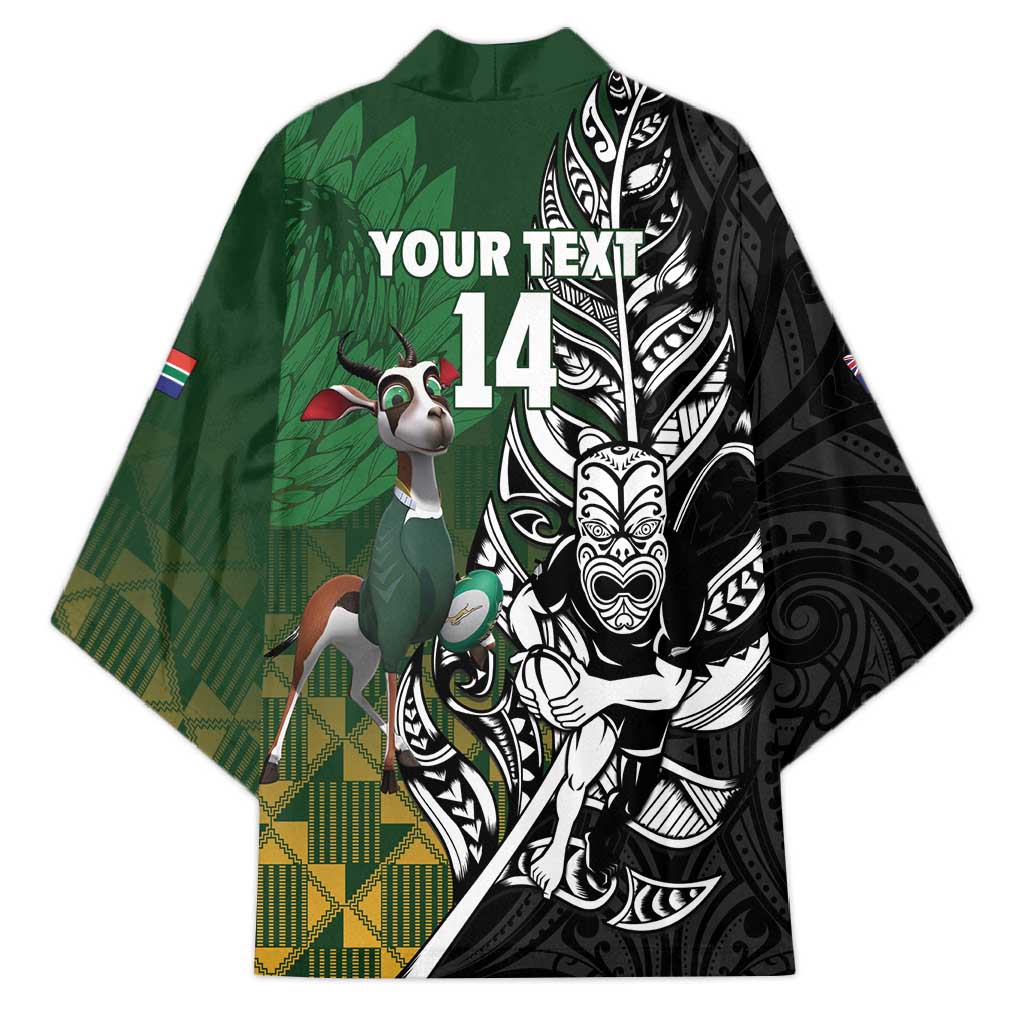 New Zealand and South Africa Rugby Custom Kimono Maori Tiki Fern Springboks Kente Pattern - Polynesian Pride
