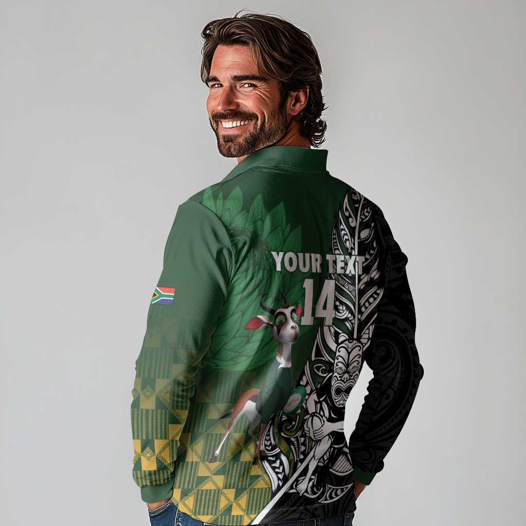 New Zealand and South Africa Rugby Custom Long Sleeve Polo Shirt Maori Tiki Fern Springboks Kente Pattern - Polynesian Pride