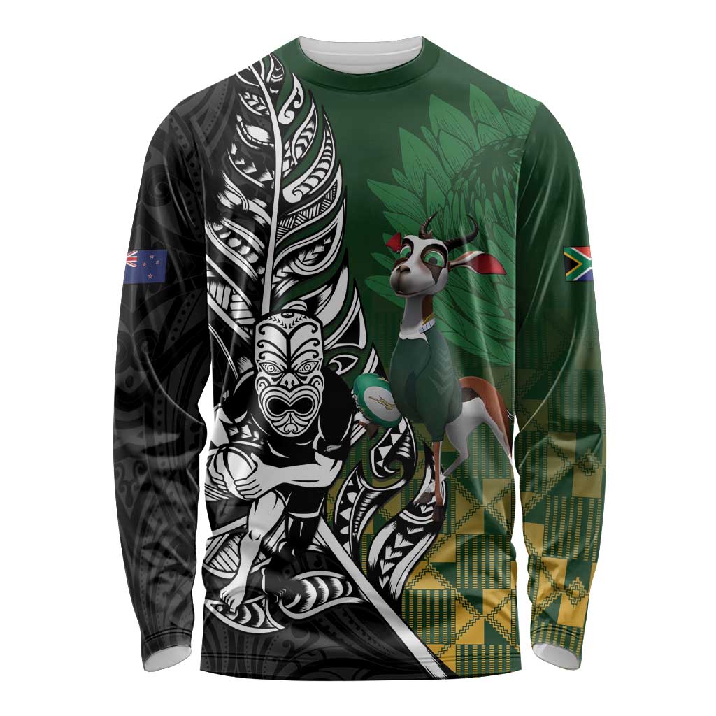 New Zealand and South Africa Rugby Custom Long Sleeve Shirt Maori Tiki Fern Springboks Kente Pattern - Polynesian Pride