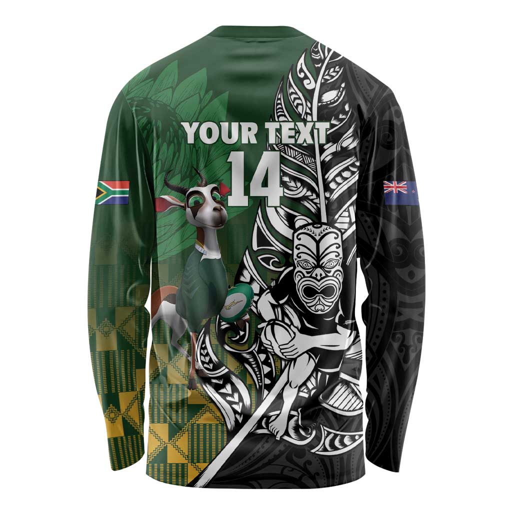New Zealand and South Africa Rugby Custom Long Sleeve Shirt Maori Tiki Fern Springboks Kente Pattern - Polynesian Pride