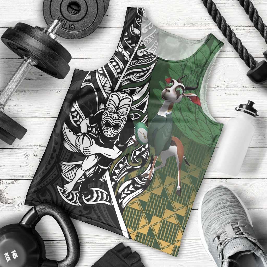 New Zealand and South Africa Rugby Custom Men Tank Top Maori Tiki Fern Springboks Kente Pattern - Polynesian Pride