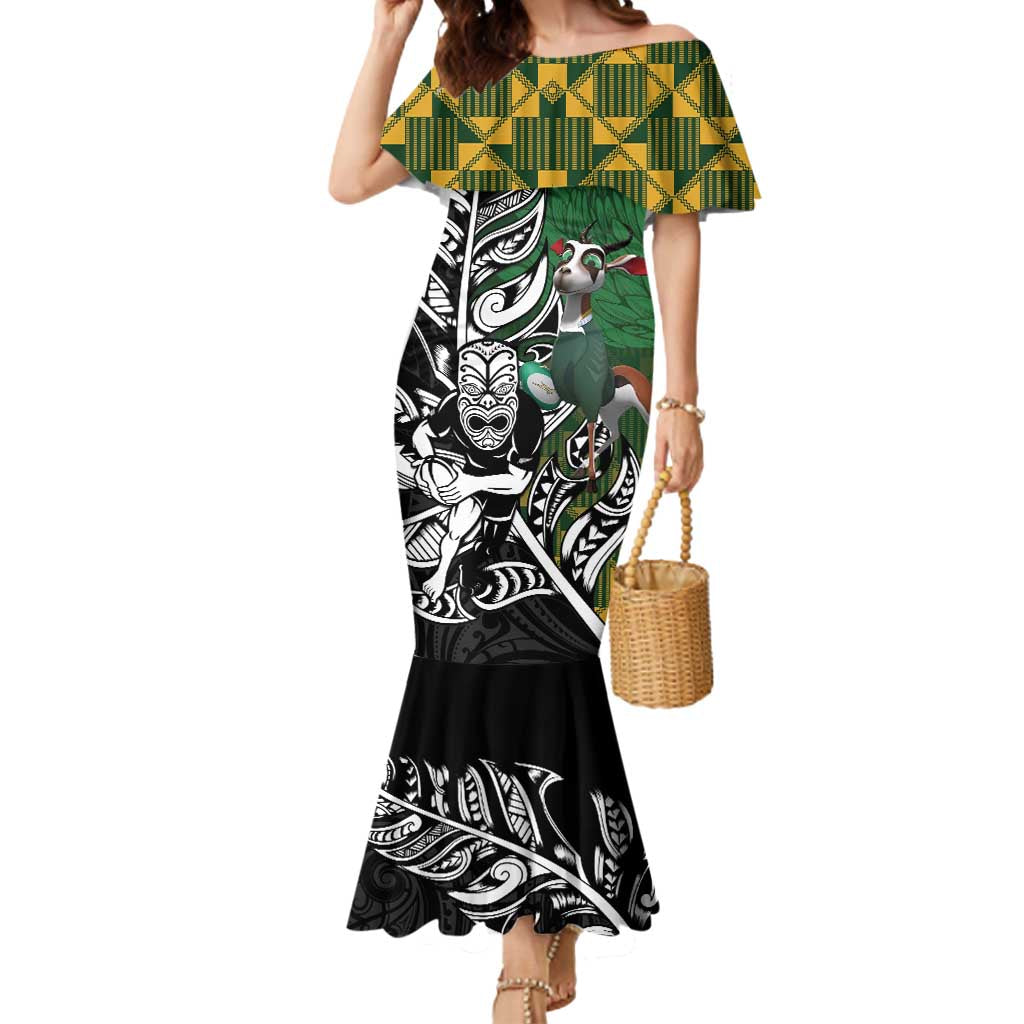 New Zealand and South Africa Rugby Custom Mermaid Dress Maori Tiki Fern Springboks Kente Pattern - Polynesian Pride