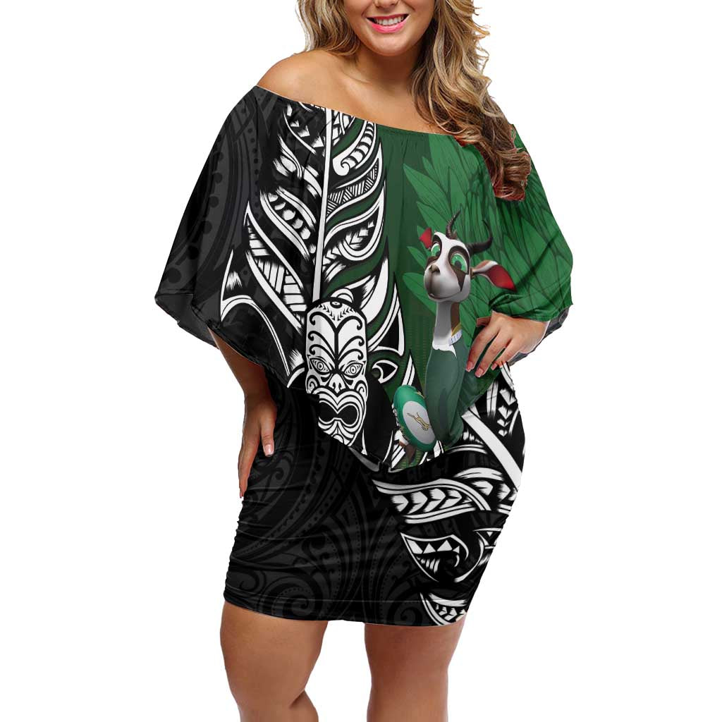 New Zealand and South Africa Rugby Custom Off Shoulder Short Dress Maori Tiki Fern Springboks Kente Pattern - Polynesian Pride