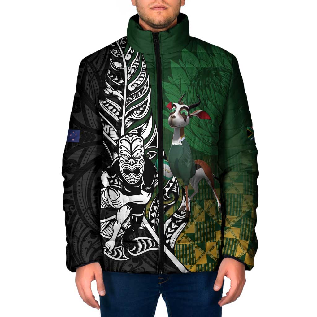 New Zealand and South Africa Rugby Custom Padded Jacket Maori Tiki Fern Springboks Kente Pattern - Polynesian Pride