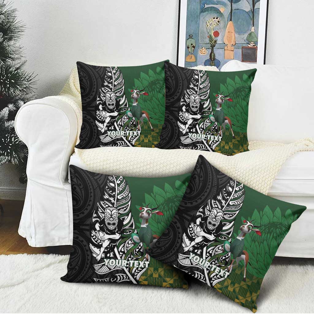 New Zealand and South Africa Rugby Custom Pillow Cover Maori Tiki Fern Springboks Kente Pattern - Polynesian Pride