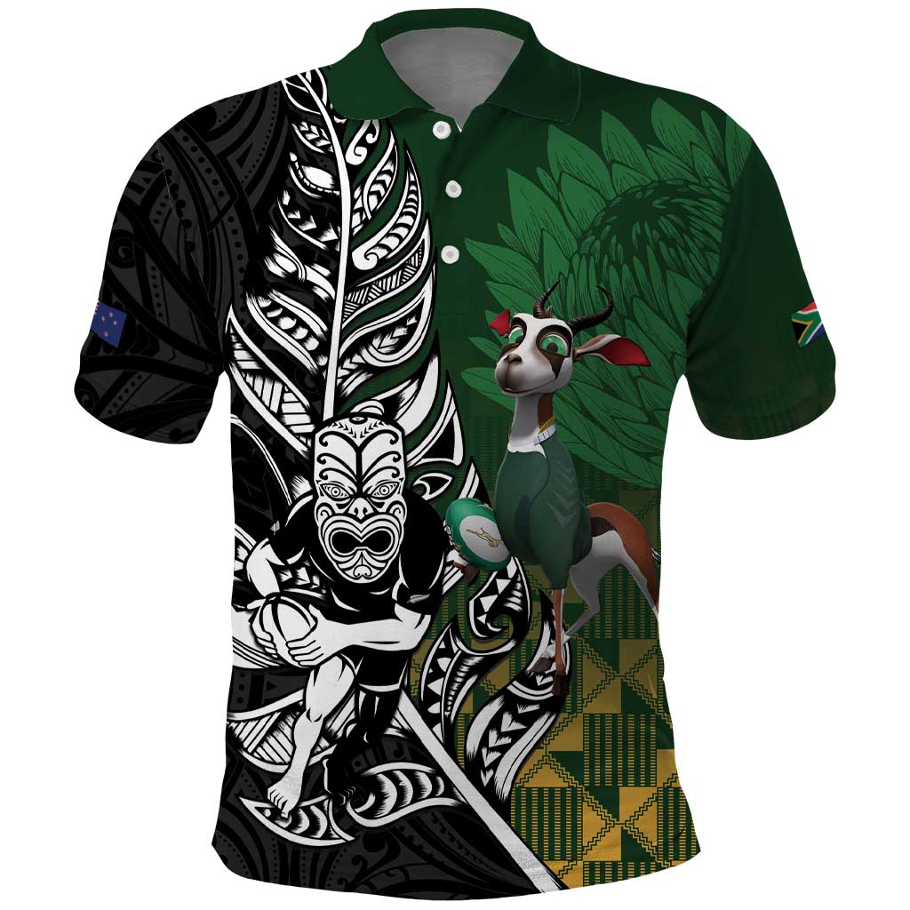 New Zealand and South Africa Rugby Custom Polo Shirt Maori Tiki Fern Springboks Kente Pattern - Polynesian Pride