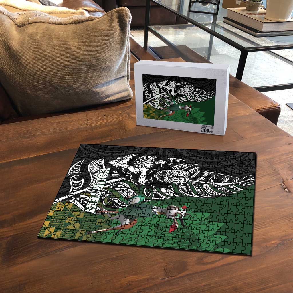 New Zealand and South Africa Rugby Custom Puzzle Maori Tiki Fern Springboks Kente Pattern - Polynesian Pride