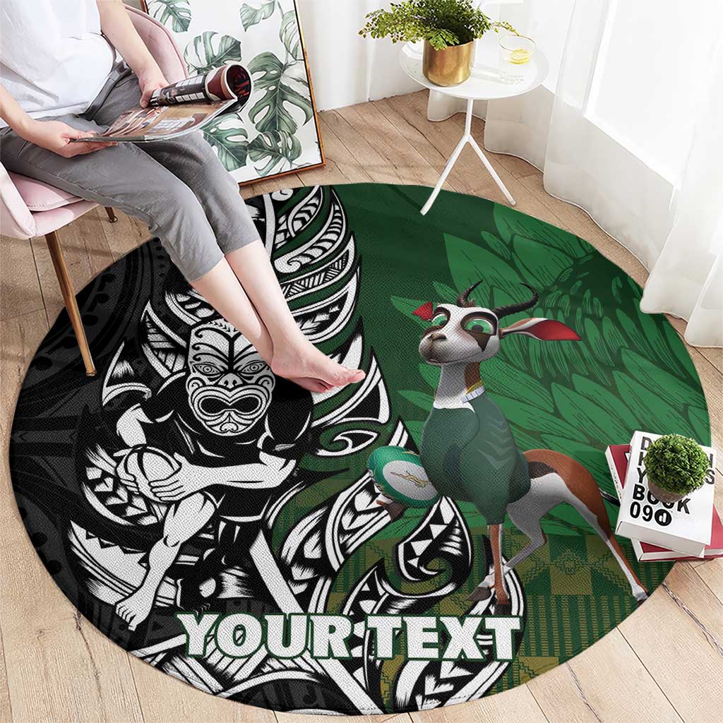 New Zealand and South Africa Rugby Custom Round Carpet Maori Tiki Fern Springboks Kente Pattern - Polynesian Pride