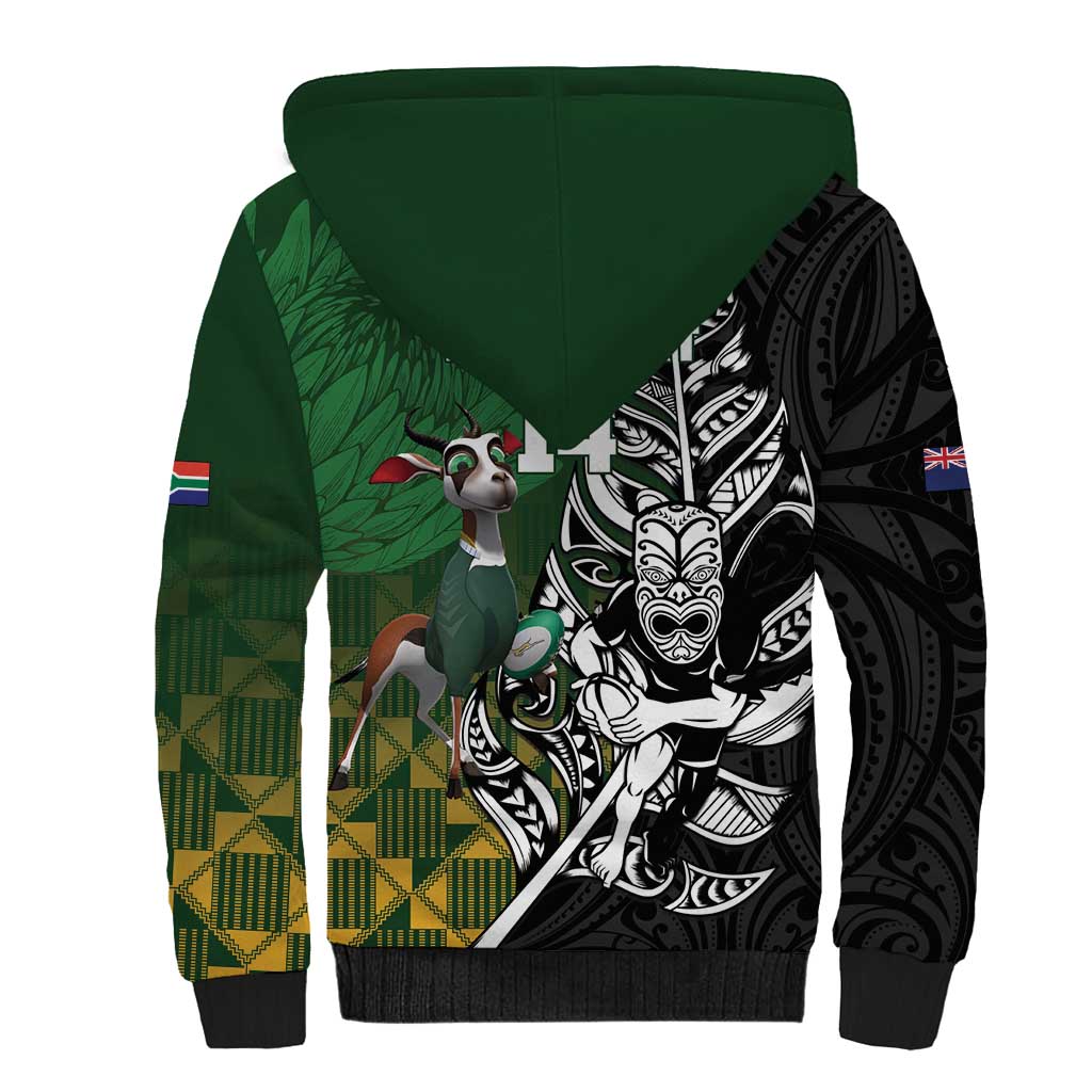 New Zealand and South Africa Rugby Custom Sherpa Hoodie Maori Tiki Fern Springboks Kente Pattern - Polynesian Pride