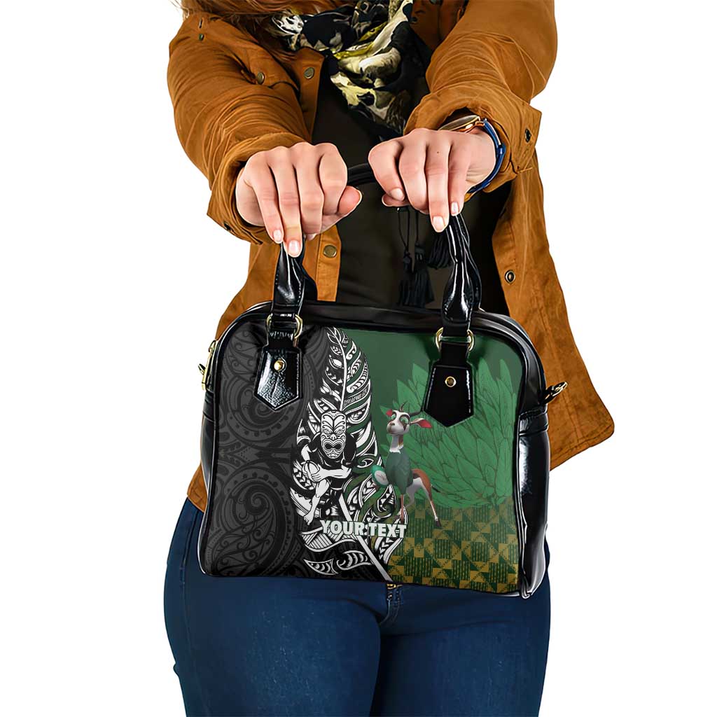 New Zealand and South Africa Rugby Custom Shoulder Handbag Maori Tiki Fern Springboks Kente Pattern - Polynesian Pride