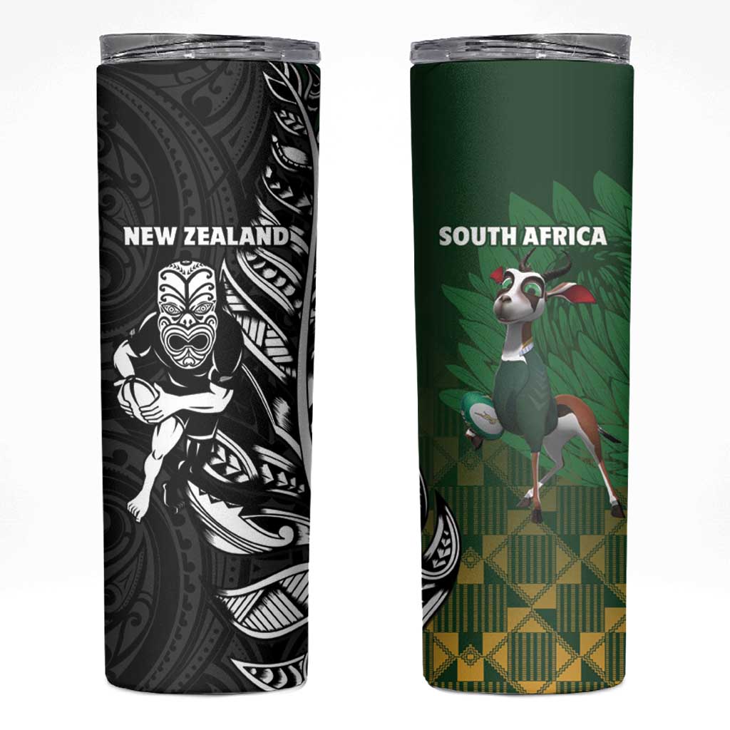 New Zealand and South Africa Rugby Skinny Tumbler Maori Tiki Fern Springboks Kente Pattern - Polynesian Pride
