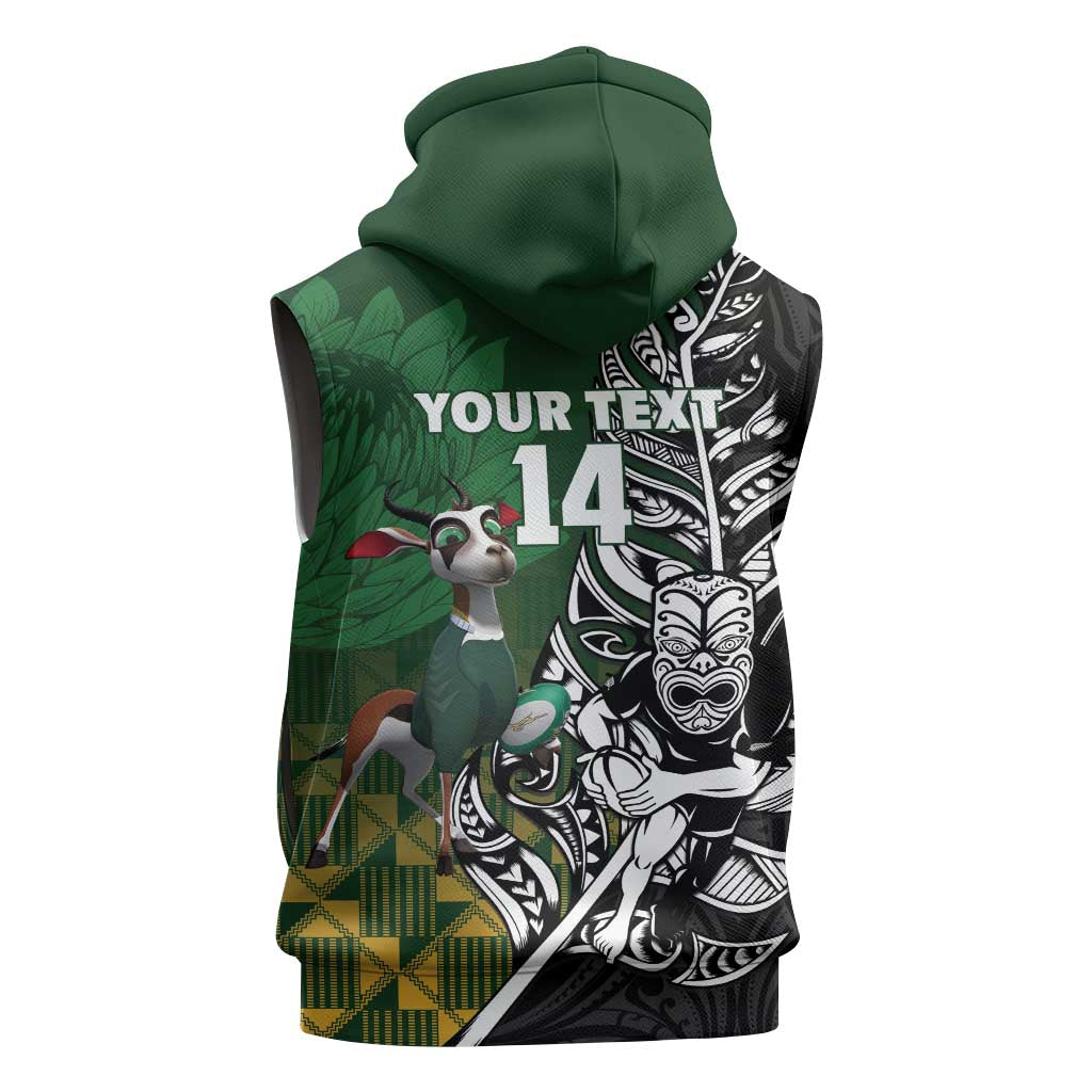 New Zealand and South Africa Rugby Custom Sleeveless Hoodie Maori Tiki Fern Springboks Kente Pattern - Polynesian Pride