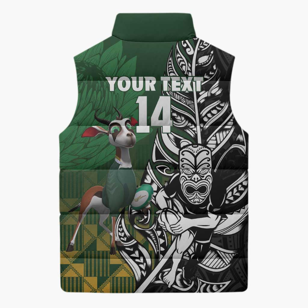 New Zealand and South Africa Rugby Custom Sleeveless Puffer Jacket Maori Tiki Fern Springboks Kente Pattern - Polynesian Pride