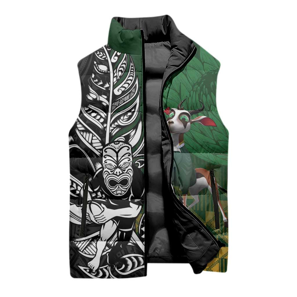 New Zealand and South Africa Rugby Custom Sleeveless Puffer Jacket Maori Tiki Fern Springboks Kente Pattern - Polynesian Pride