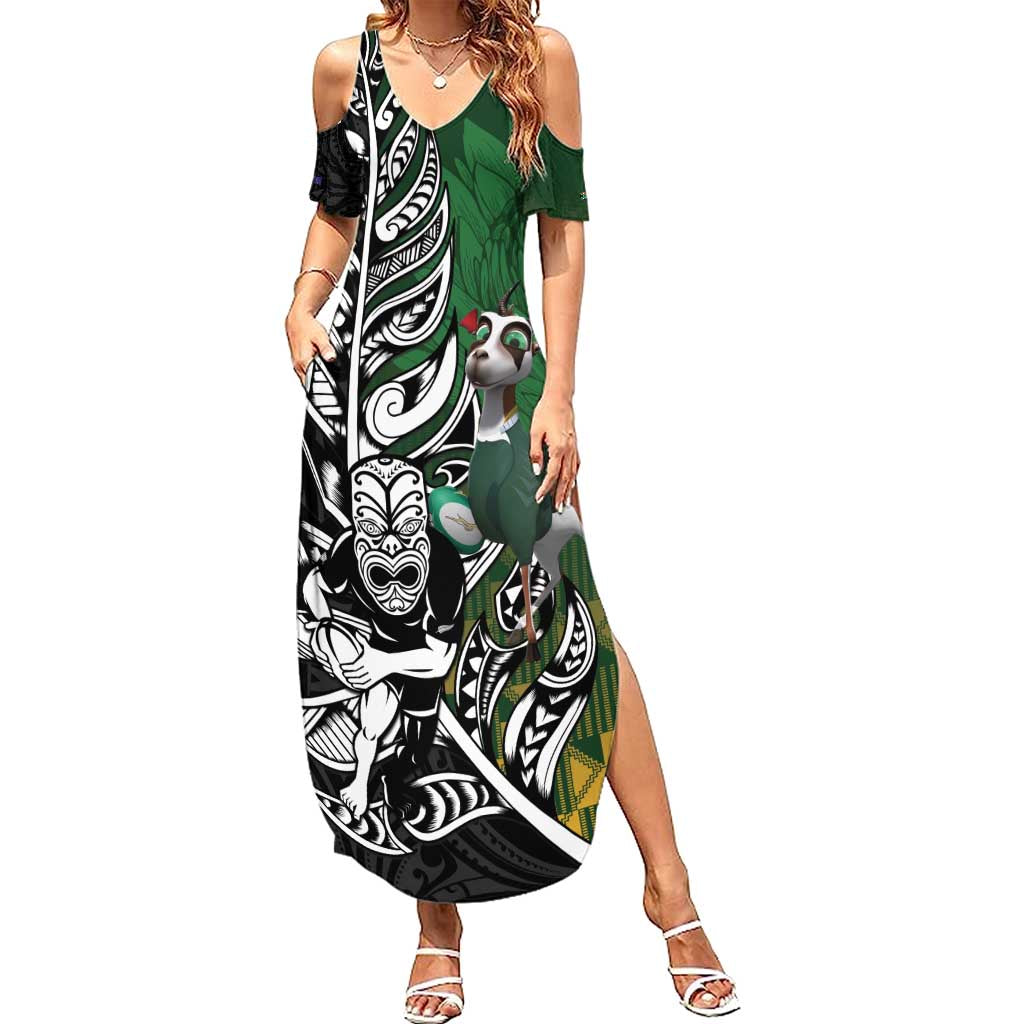 New Zealand and South Africa Rugby Custom Summer Maxi Dress Maori Tiki Fern Springboks Kente Pattern - Polynesian Pride