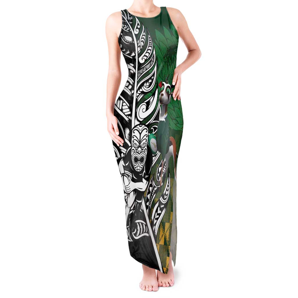 New Zealand and South Africa Rugby Custom Tank Maxi Dress Maori Tiki Fern Springboks Kente Pattern - Polynesian Pride