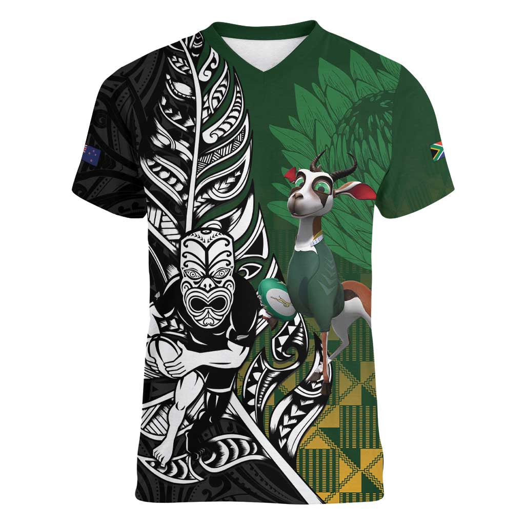 New Zealand and South Africa Rugby Custom Women V-Neck T-Shirt Maori Tiki Fern Springboks Kente Pattern - Polynesian Pride