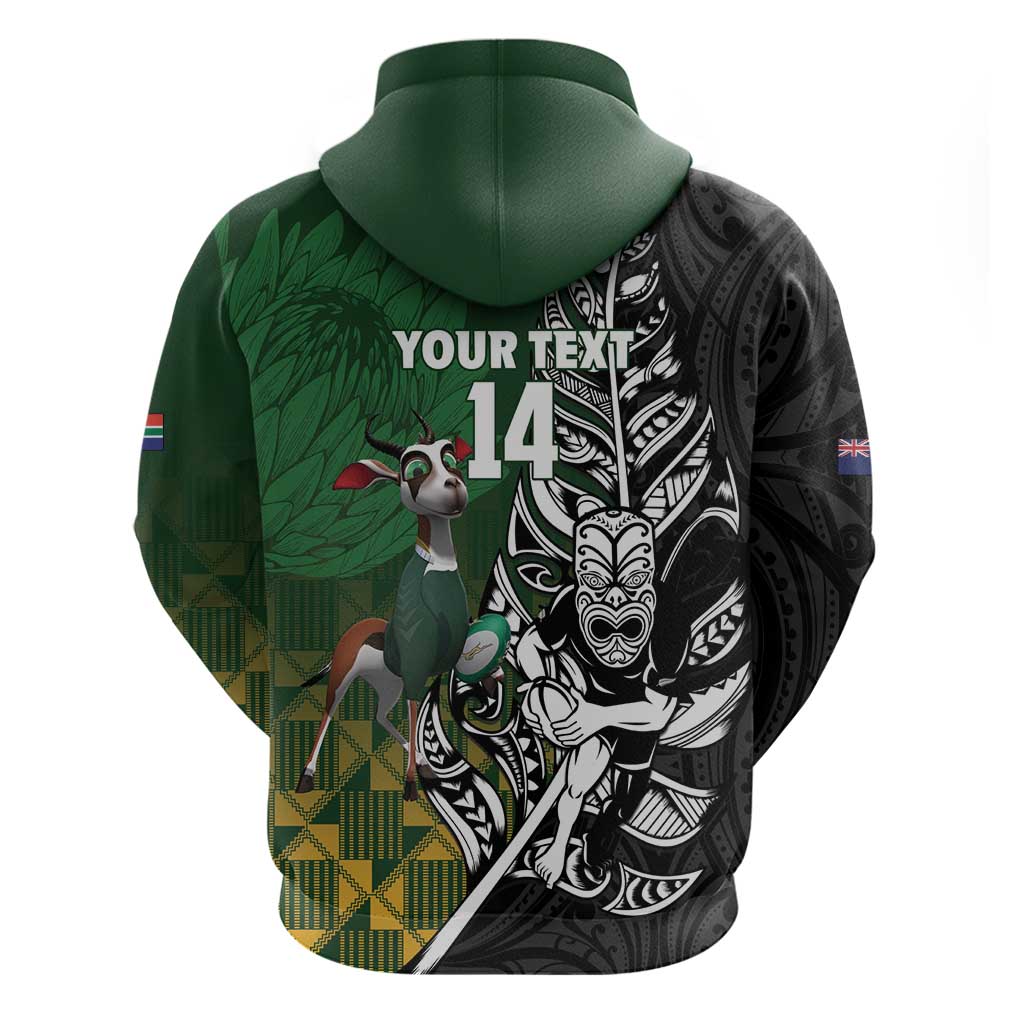 New Zealand and South Africa Rugby Custom Zip Hoodie Maori Tiki Fern Springboks Kente Pattern - Polynesian Pride