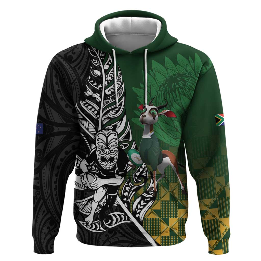 New Zealand and South Africa Rugby Custom Zip Hoodie Maori Tiki Fern Springboks Kente Pattern - Polynesian Pride
