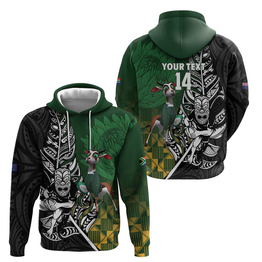 New Zealand and South Africa Rugby Custom Zip Hoodie Maori Tiki Fern Springboks Kente Pattern - Polynesian Pride