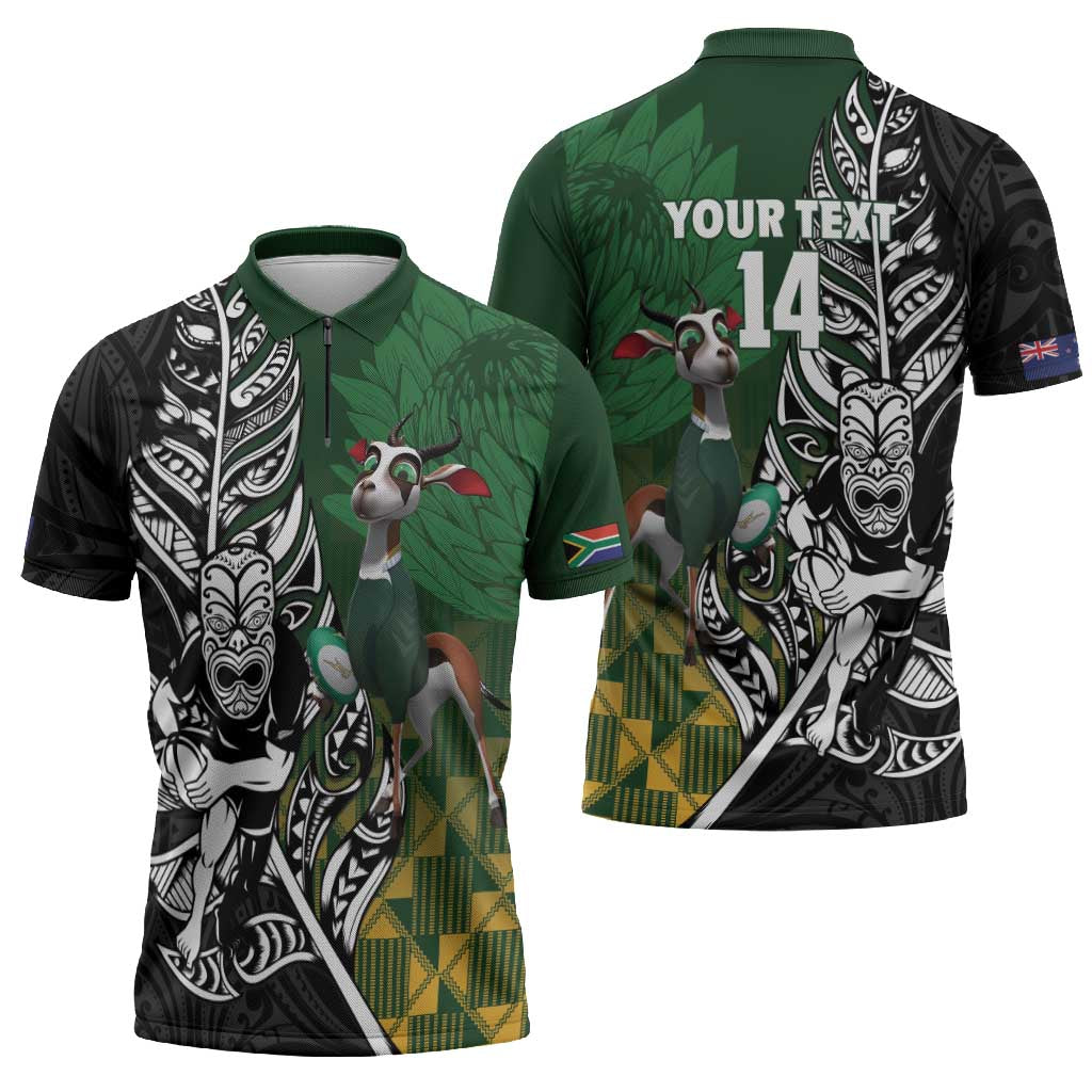 New Zealand and South Africa Rugby Custom Zipper Polo Shirt Maori Tiki Fern Springboks Kente Pattern - Polynesian Pride