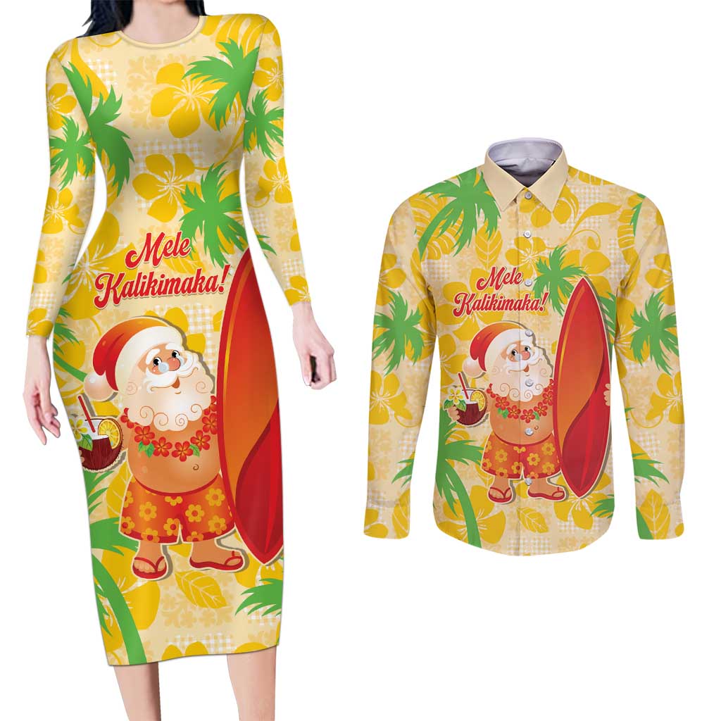 Aloha Hawaii Christmas Couples Matching Long Sleeve Bodycon Dress and Long Sleeve Button Shirt Mele Kalikimaka Funny Santa Palaka Quilt Motifs - Polynesian Pride