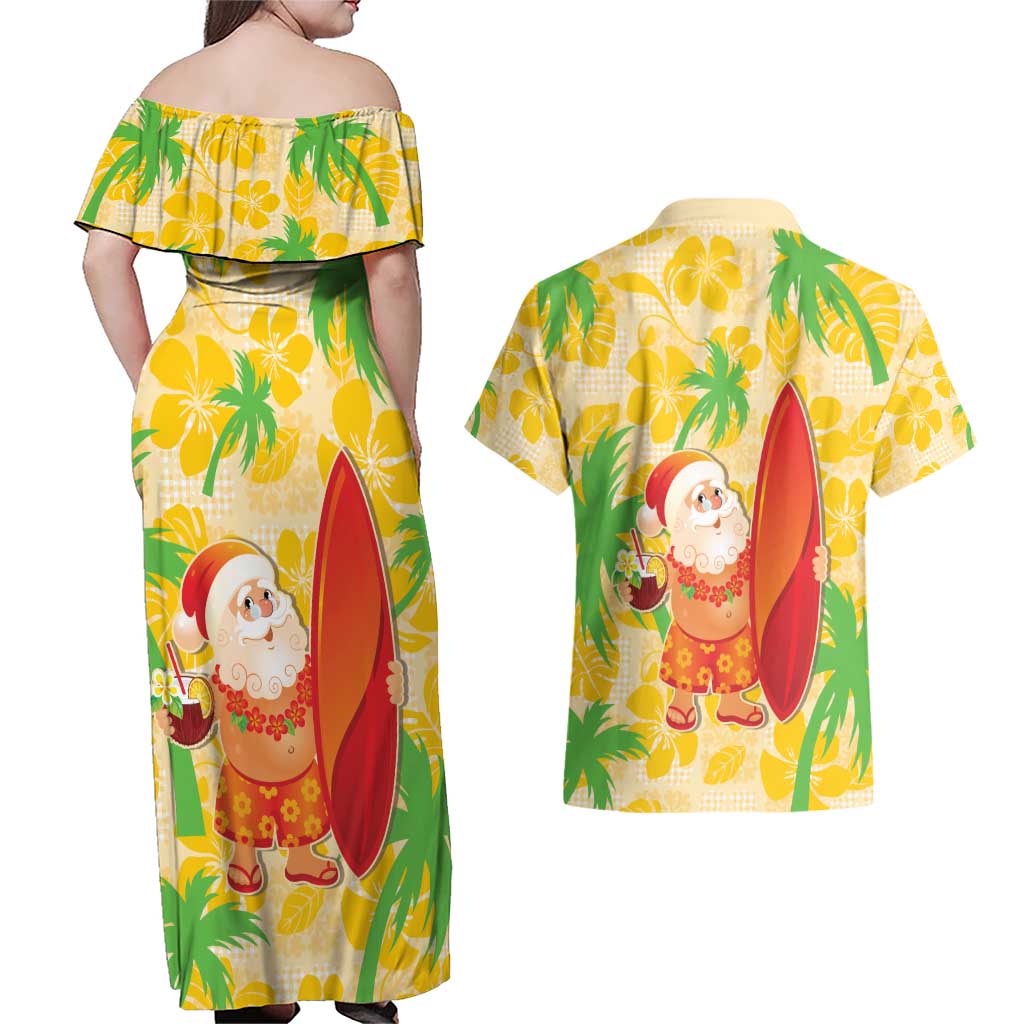 Aloha Hawaii Christmas Couples Matching Off Shoulder Maxi Dress and Hawaiian Shirt Mele Kalikimaka Funny Santa Palaka Quilt Motifs - Polynesian Pride