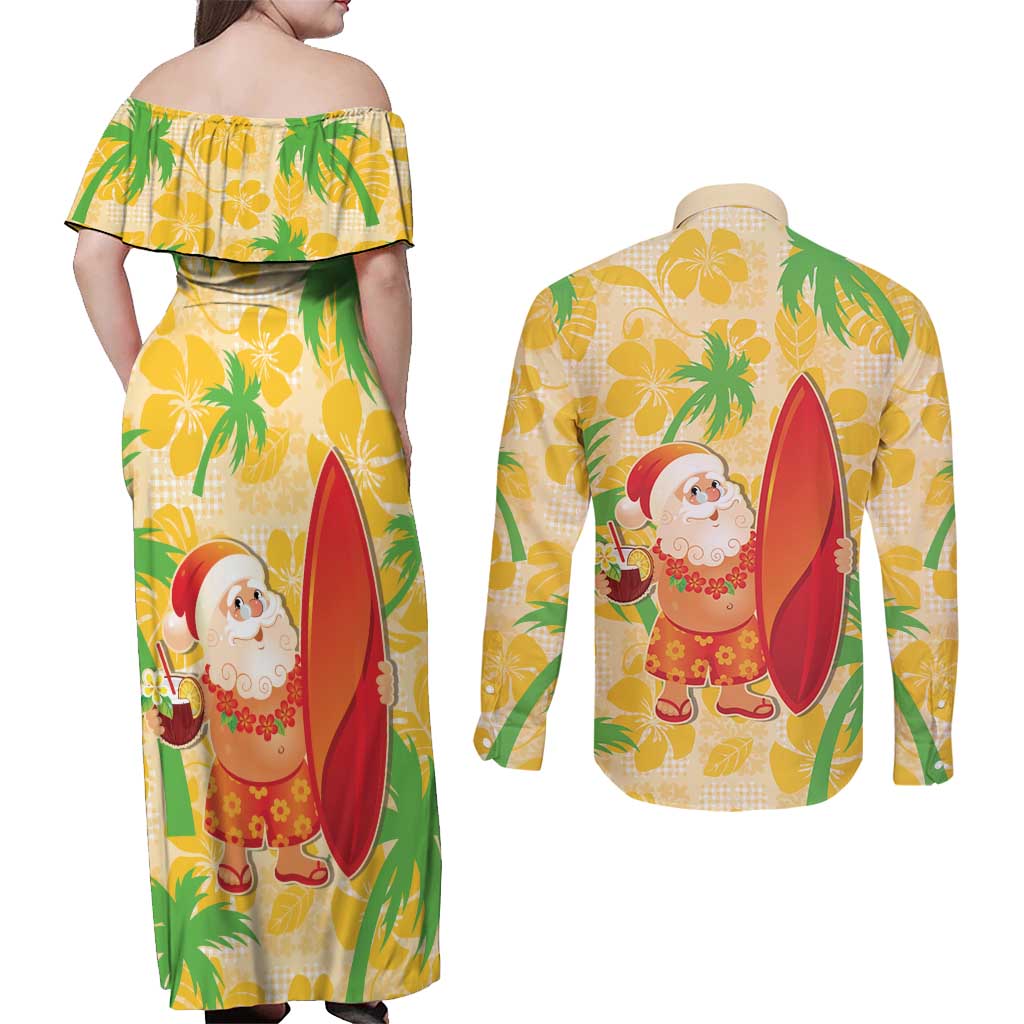 Aloha Hawaii Christmas Couples Matching Off Shoulder Maxi Dress and Long Sleeve Button Shirt Mele Kalikimaka Funny Santa Palaka Quilt Motifs - Polynesian Pride