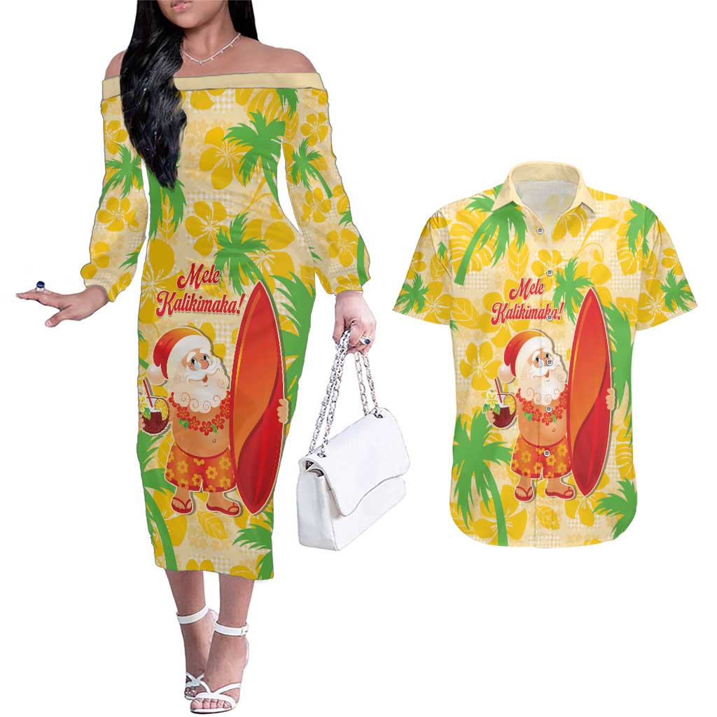 Aloha Hawaii Christmas Couples Matching Off The Shoulder Long Sleeve Dress and Hawaiian Shirt Mele Kalikimaka Funny Santa Palaka Quilt Motifs - Polynesian Pride