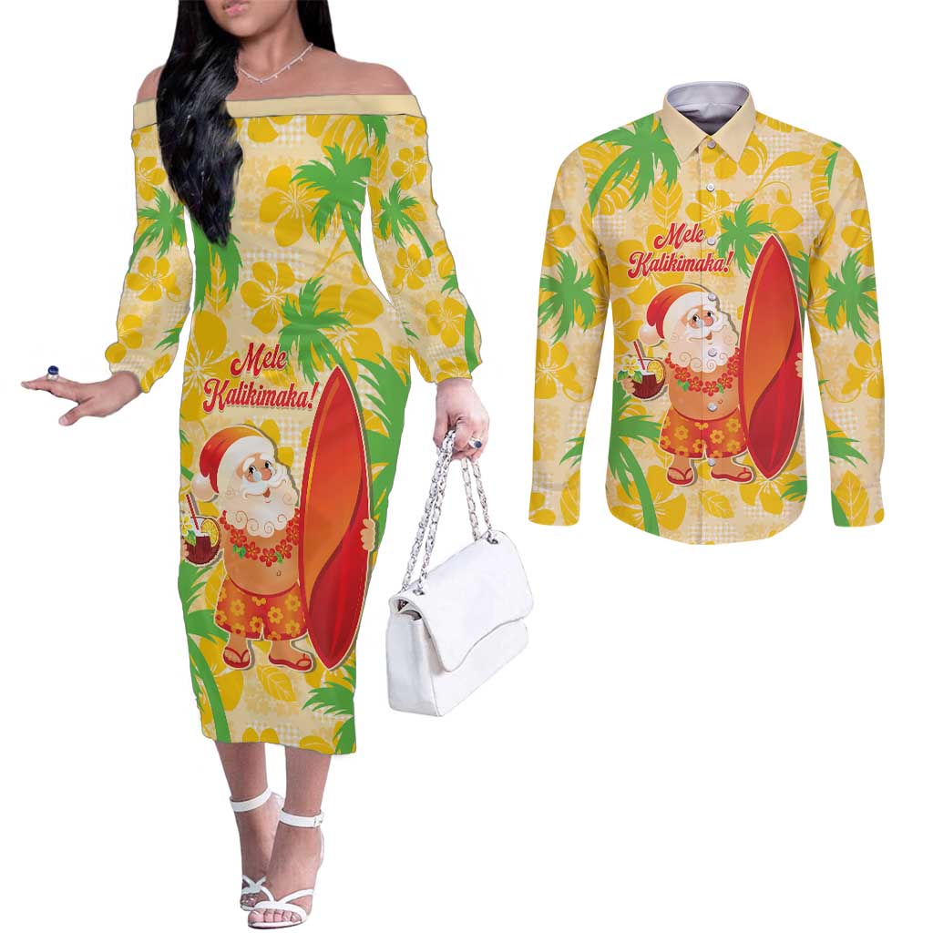 Aloha Hawaii Christmas Couples Matching Off The Shoulder Long Sleeve Dress and Long Sleeve Button Shirt Mele Kalikimaka Funny Santa Palaka Quilt Motifs - Polynesian Pride