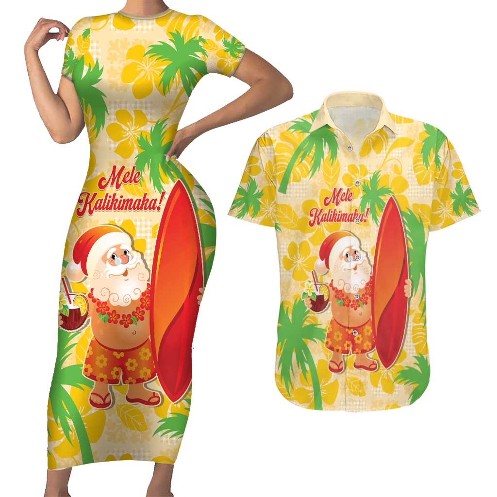 Aloha Hawaii Christmas Couples Matching Short Sleeve Bodycon Dress and Hawaiian Shirt Mele Kalikimaka Funny Santa Palaka Quilt Motifs - Polynesian Pride
