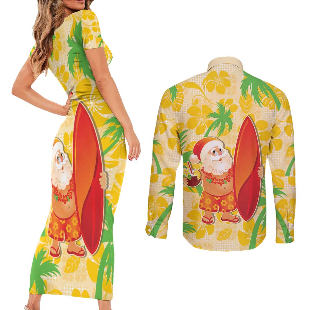 Aloha Hawaii Christmas Couples Matching Short Sleeve Bodycon Dress and Long Sleeve Button Shirt Mele Kalikimaka Funny Santa Palaka Quilt Motifs - Polynesian Pride