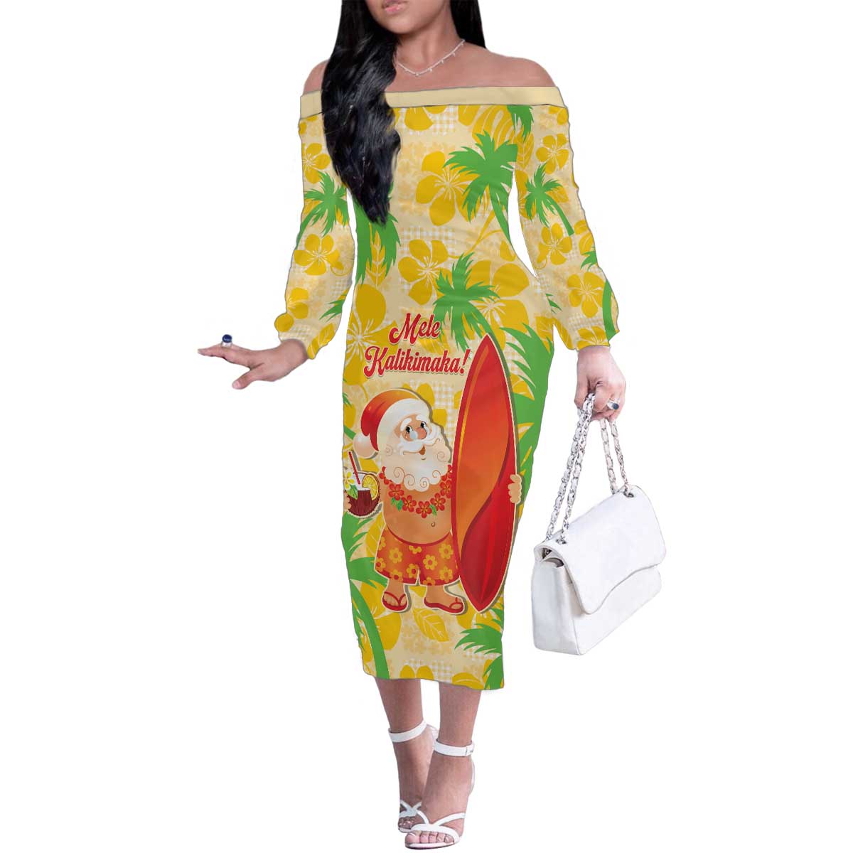 Aloha Hawaii Christmas Family Matching Off The Shoulder Long Sleeve Dress and Hawaiian Shirt Mele Kalikimaka Funny Santa Palaka Quilt Motifs - Polynesian Pride