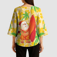Aloha Hawaii Christmas Kimono Sleeve Blouse Mele Kalikimaka Funny Santa Palaka Quilt Motifs - Polynesian Pride
