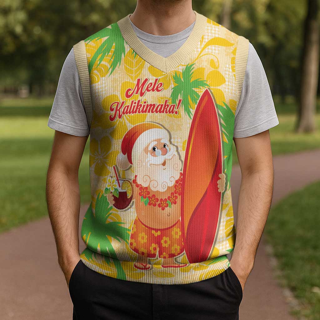 Aloha Hawaii Christmas Knitted V-Neck Vest Mele Kalikimaka Funny Santa Palaka Quilt Motifs - Polynesian Pride