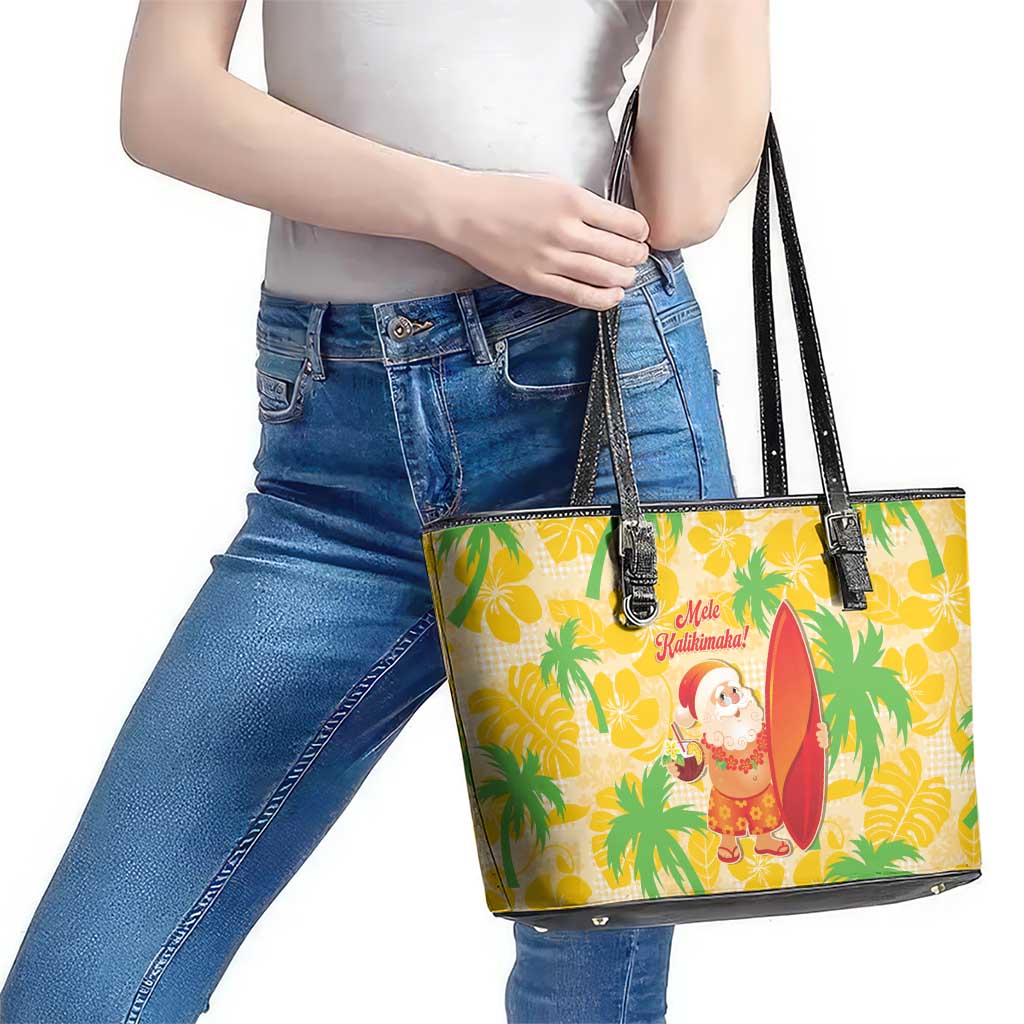 Aloha Hawaii Christmas Leather Tote Bag Mele Kalikimaka Funny Santa Palaka Quilt Motifs - Polynesian Pride