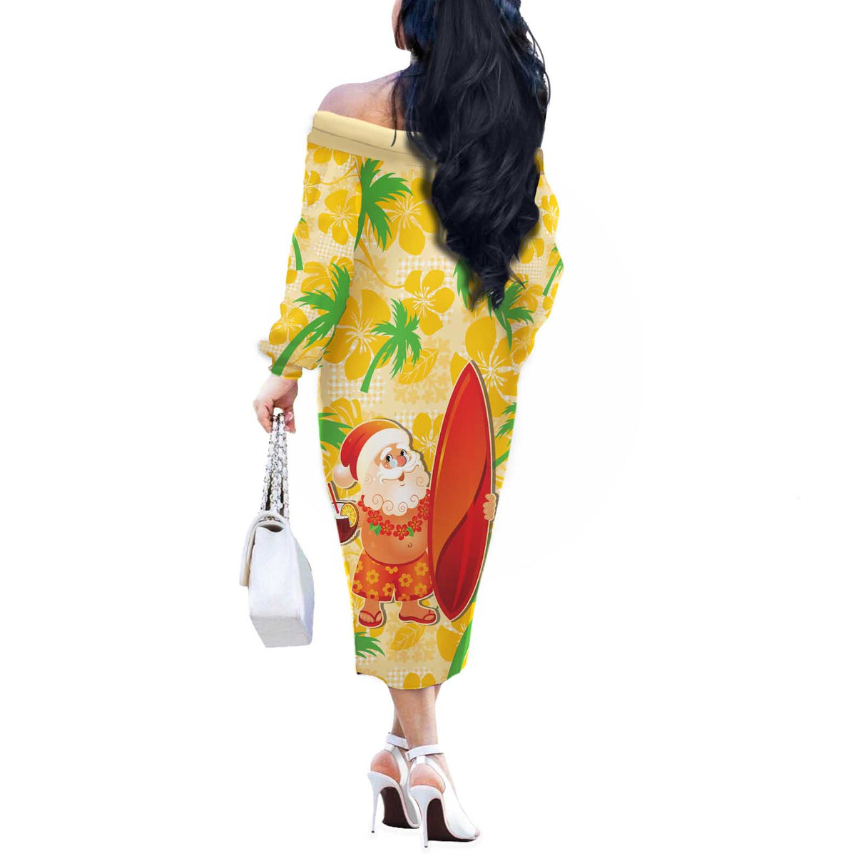 Aloha Hawaii Christmas Off The Shoulder Long Sleeve Dress Mele Kalikimaka Funny Santa Palaka Quilt Motifs - Polynesian Pride