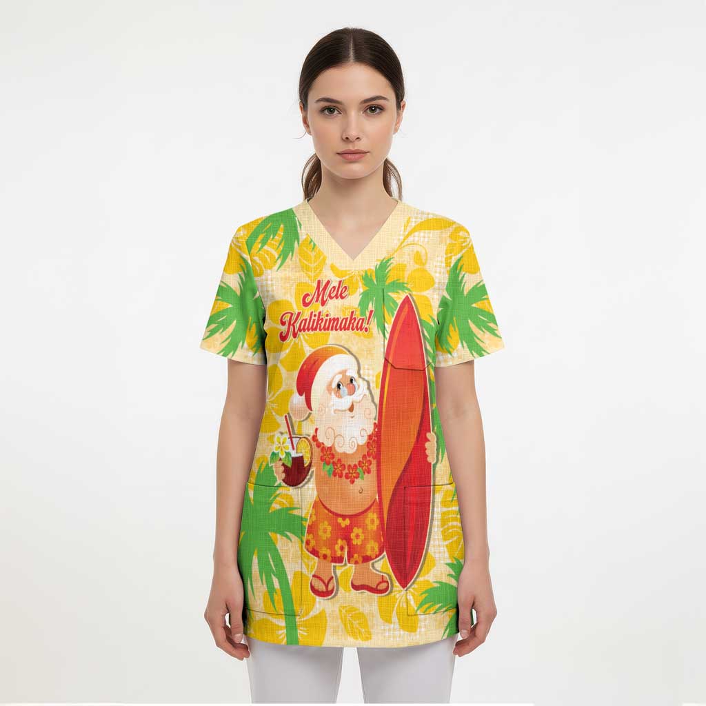 Aloha Hawaii Christmas Scrub Top Mele Kalikimaka Funny Santa Palaka Quilt Motifs - Polynesian Pride