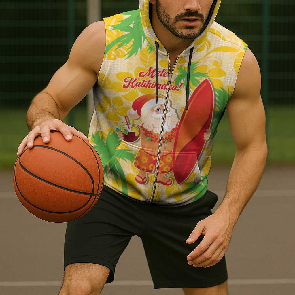 Aloha Hawaii Christmas Sleeveless Zip Hoodie Mele Kalikimaka Funny Santa Palaka Quilt Motifs - Polynesian Pride