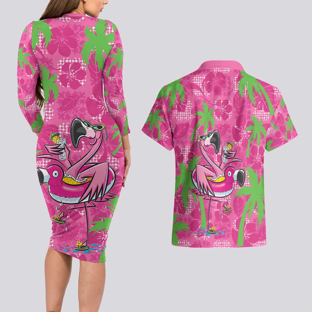 Aloha Hawaii Christmas Couples Matching Long Sleeve Bodycon Dress and Hawaiian Shirt Mele Kalikimaka Chill Flamingo Palaka Quilt Motifs - Polynesian Pride