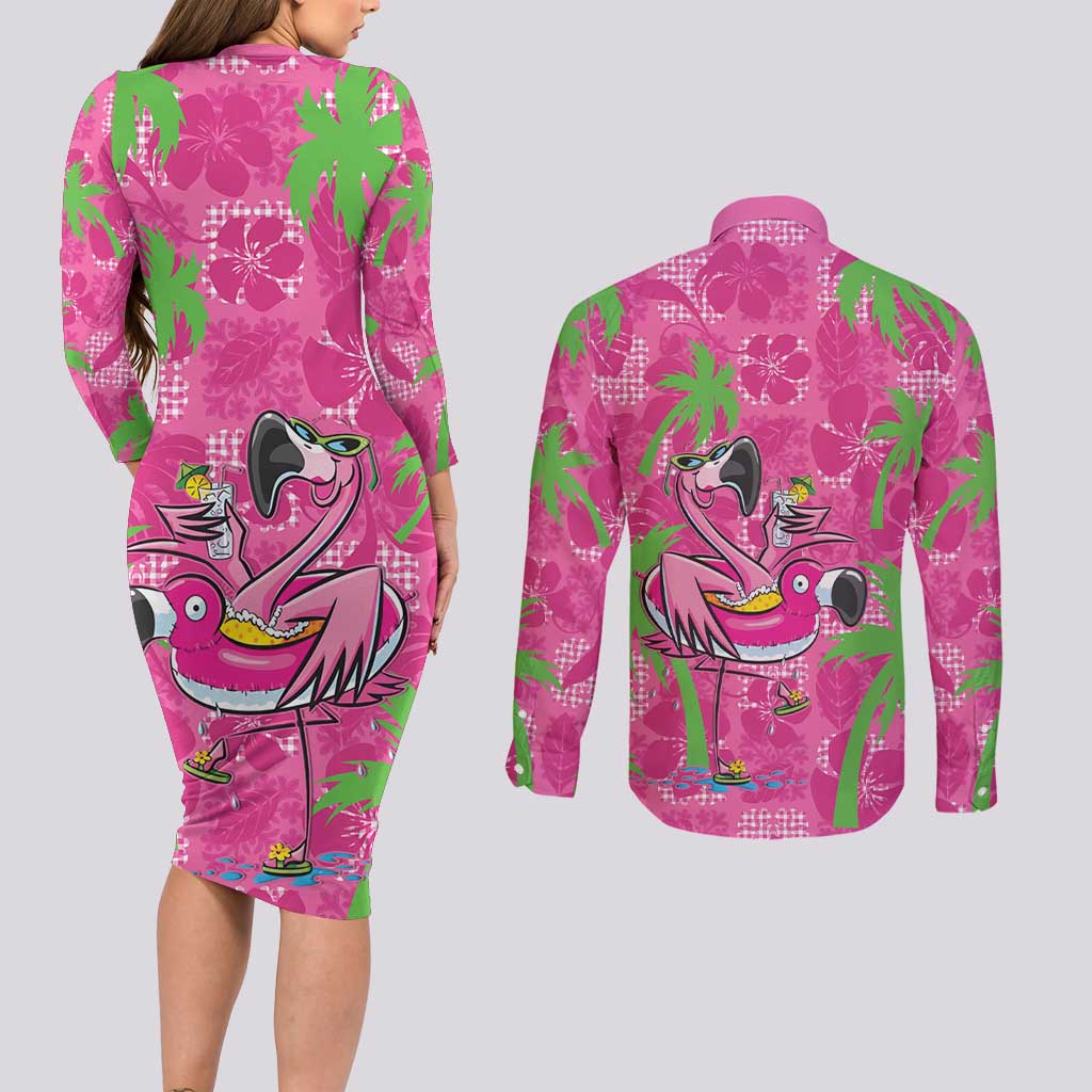 Aloha Hawaii Christmas Couples Matching Long Sleeve Bodycon Dress and Long Sleeve Button Shirt Mele Kalikimaka Chill Flamingo Palaka Quilt Motifs - Polynesian Pride